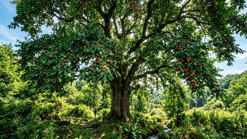 Arbol gigante con hojas verdes y frutos en un sueno