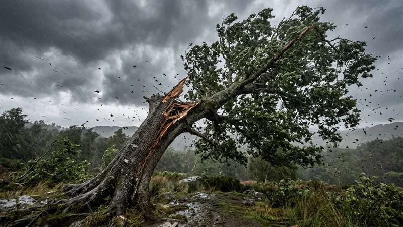 Arbol gigante cayendo durante una tormenta en un sueno